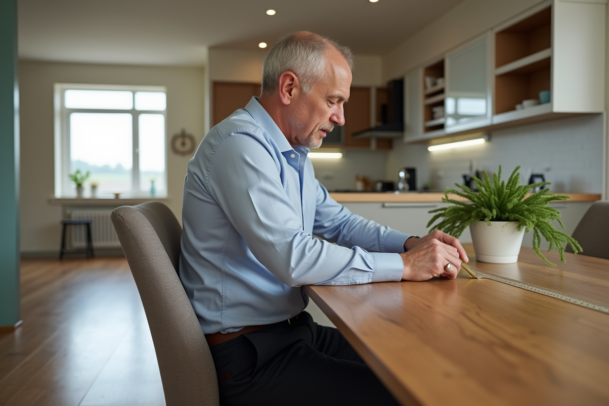 Homme d'âge moyen mesurant la distance à la table