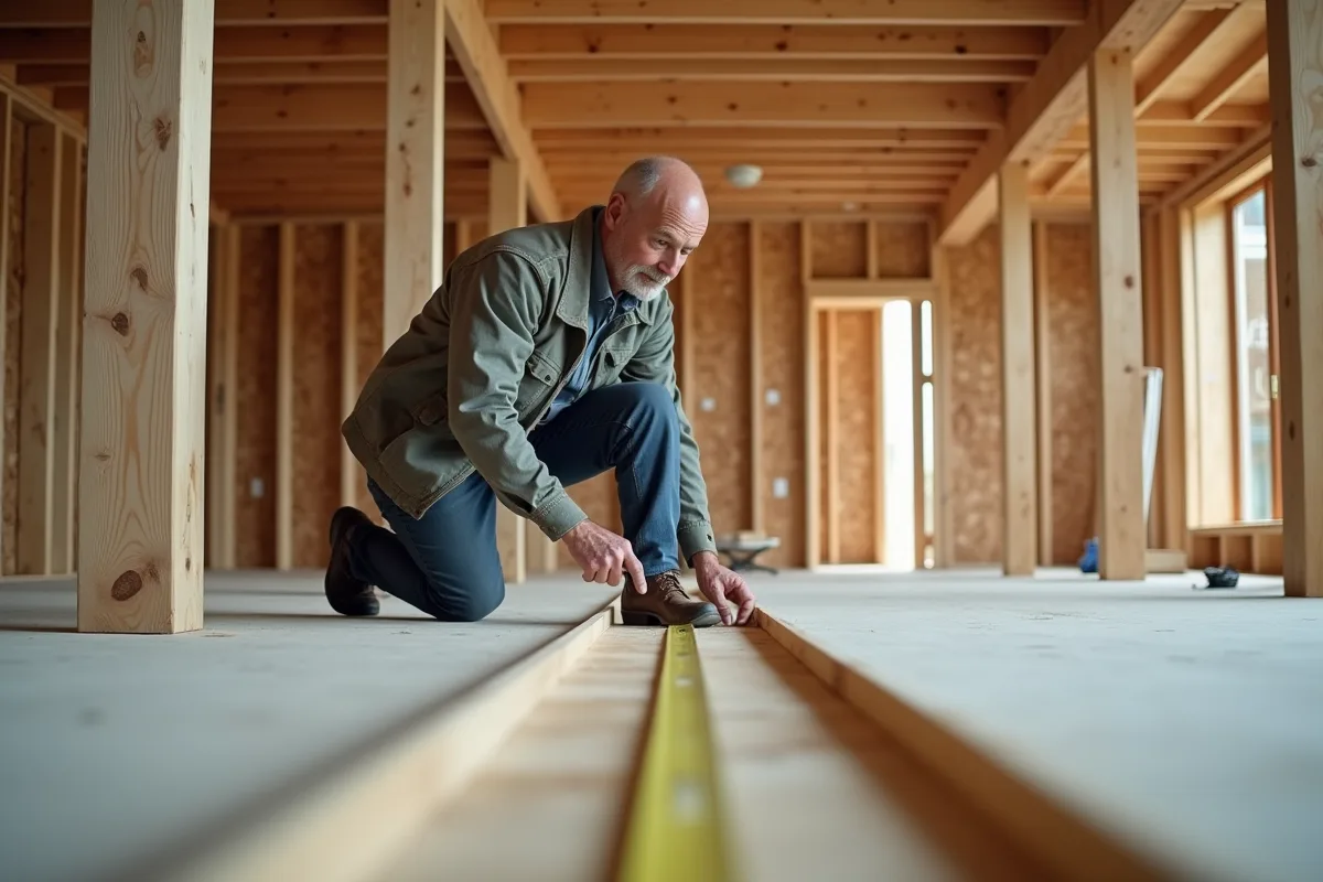 Homme en travaux mesurant une mezzanine en bois moderne
