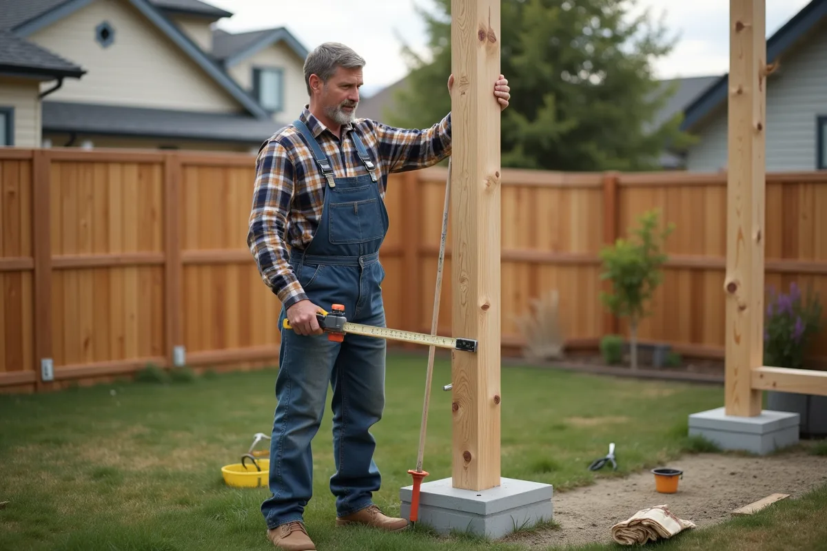 Homme en overalls mesurant un poteau en bois dans un jardin