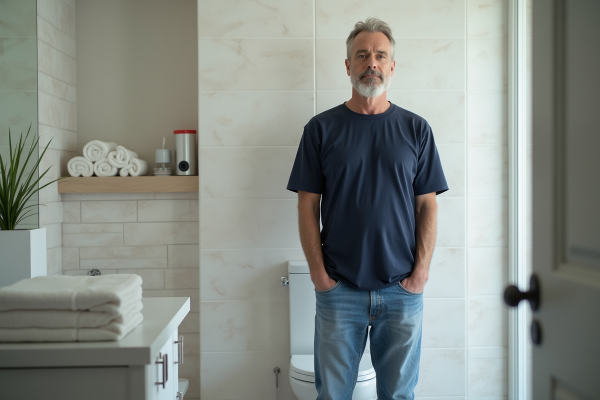 Homme d'âge moyen devant une toilette moderne dans une salle de bain lumineuse