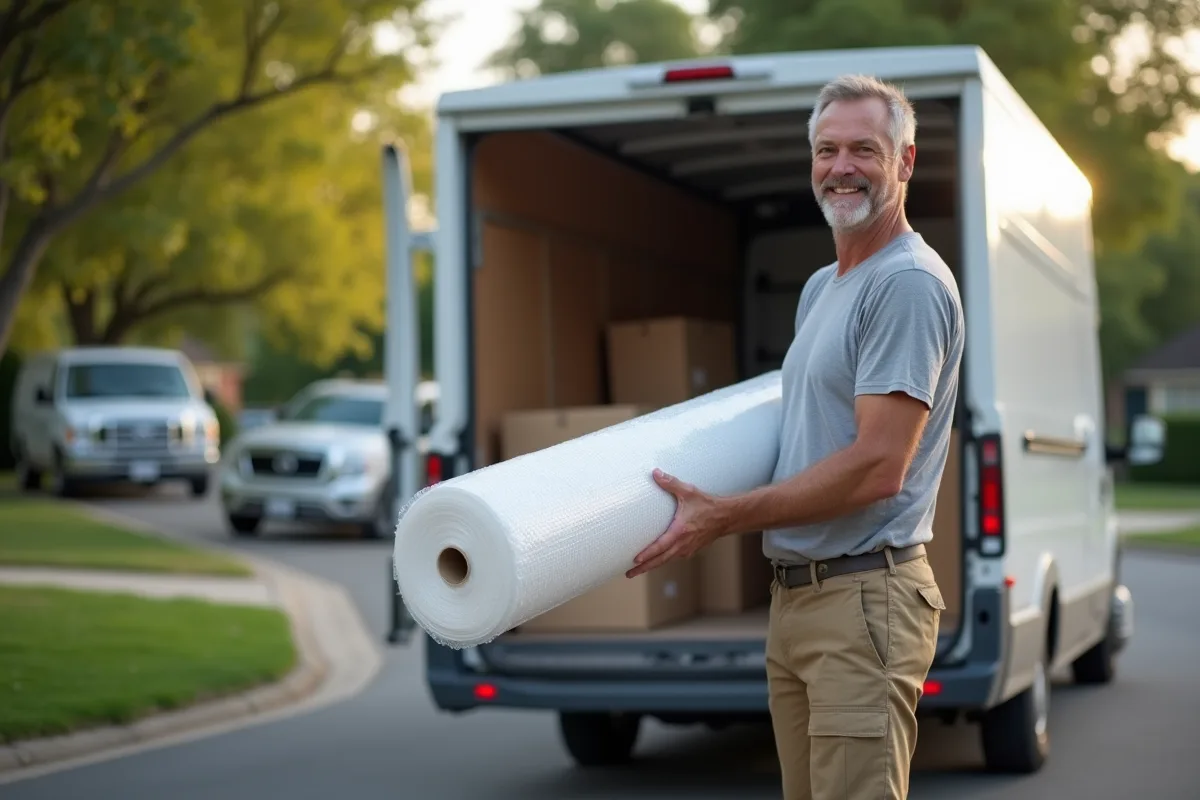 Homme avec rouleau de bulle wrap près d’un camion de déménagement