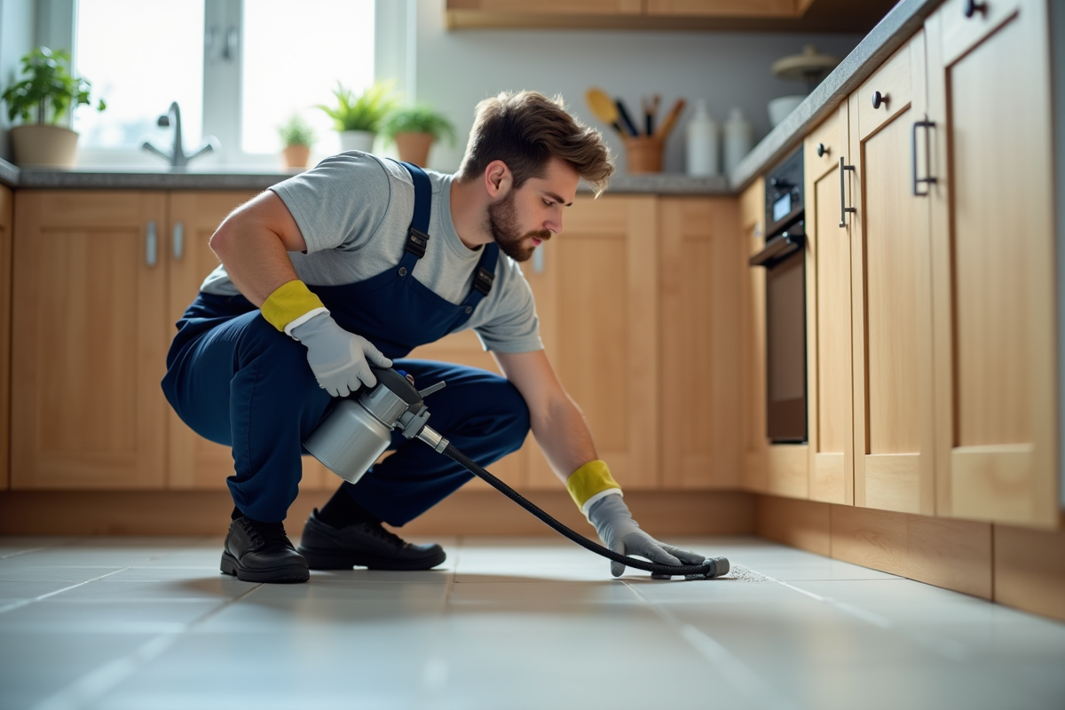 Jeune homme en overalls utilise un spray anti-pestes dans la cuisine