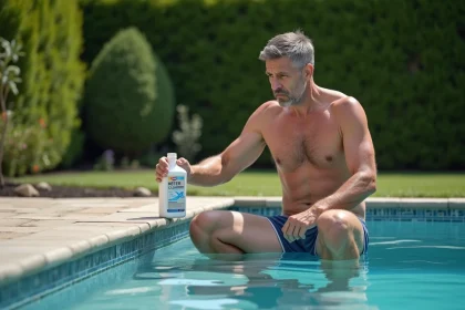 Homme concentr&eacute; &agrave; c&ocirc;t&eacute; d'une piscine ext&eacute;rieure