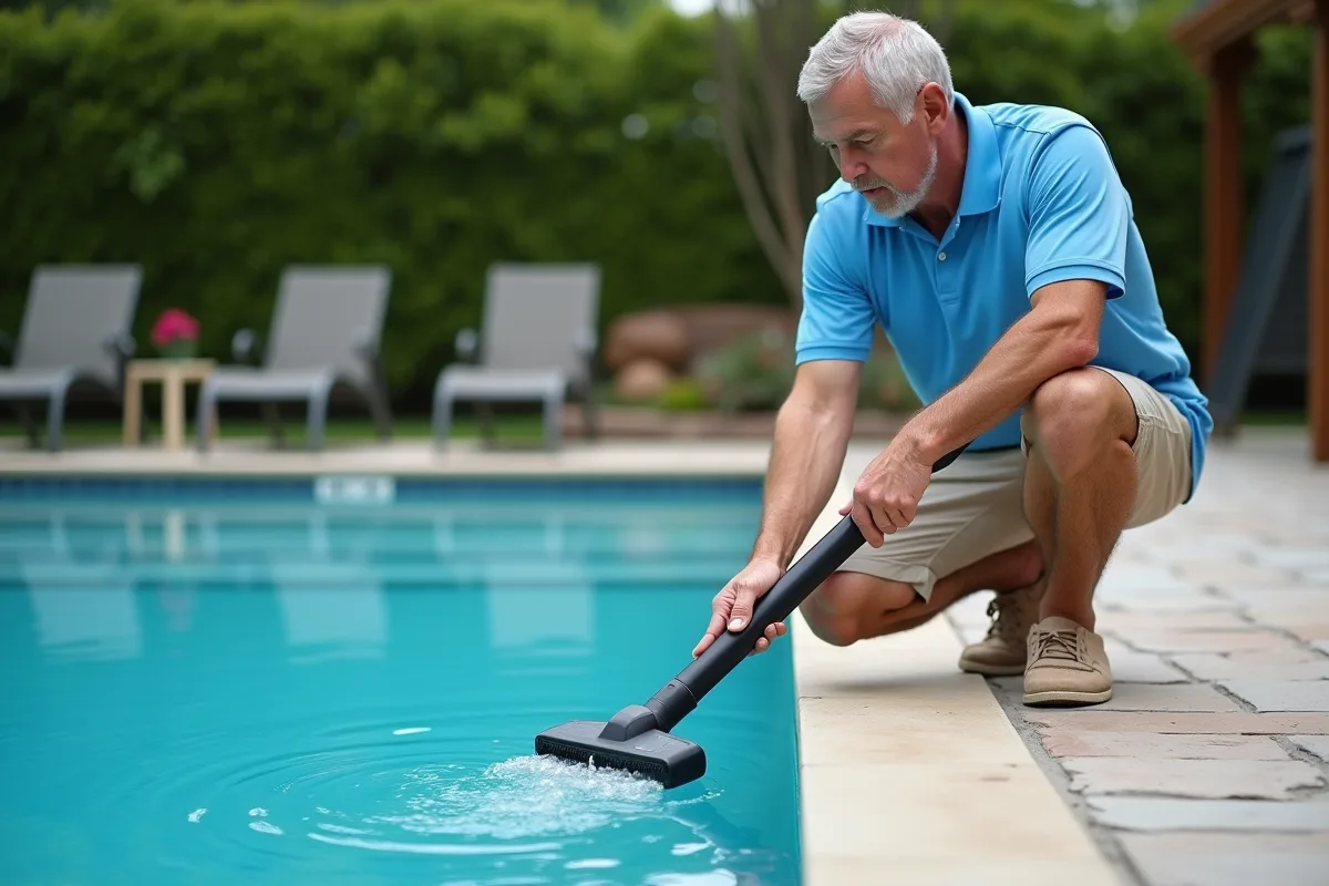 Homme en polo bleu nettoyant une piscine extérieure