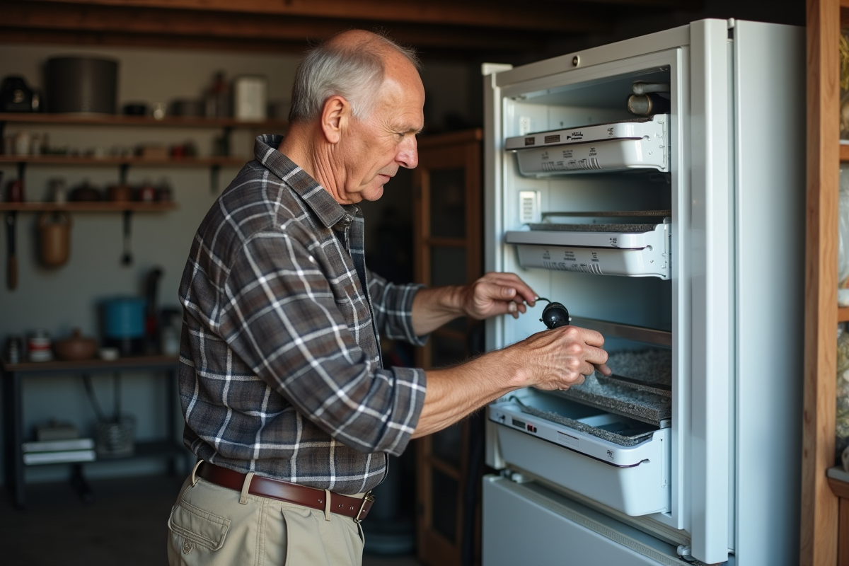 Homme nettoyant les coils d’un refrigerateur dans un garage