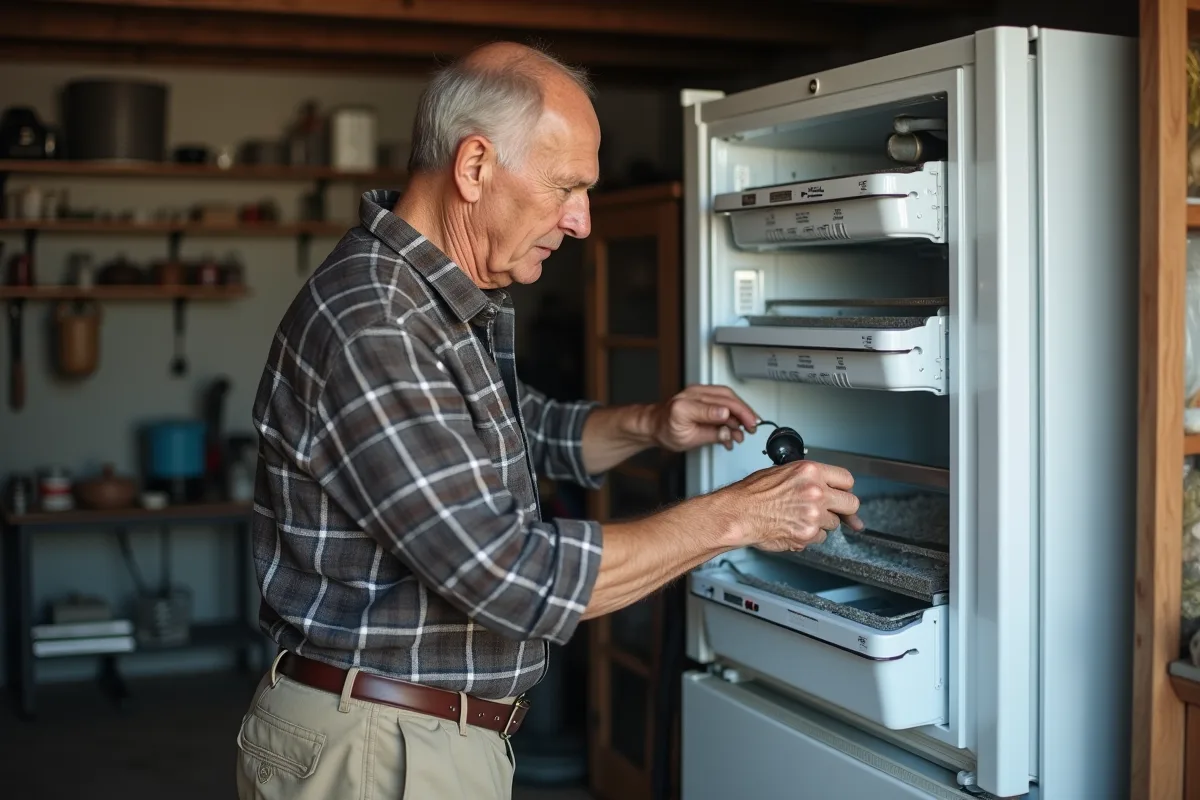 Homme nettoyant les coils d’un refrigerateur dans un garage