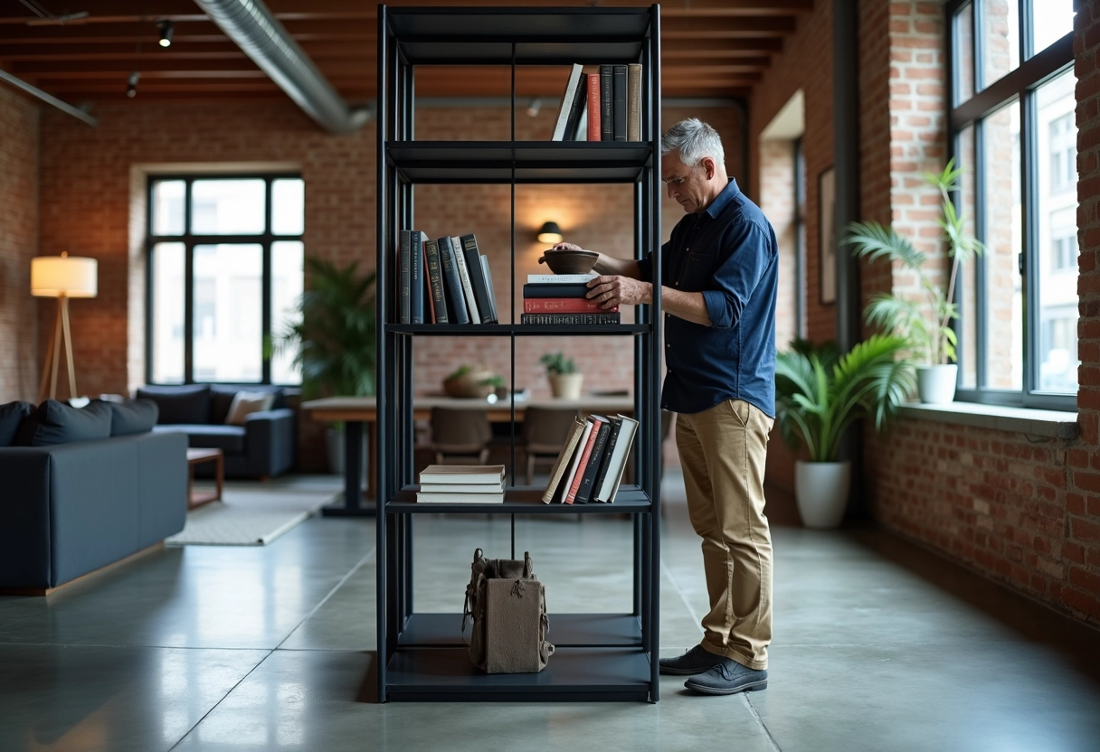 Homme arrangeant des livres dans un loft urbain