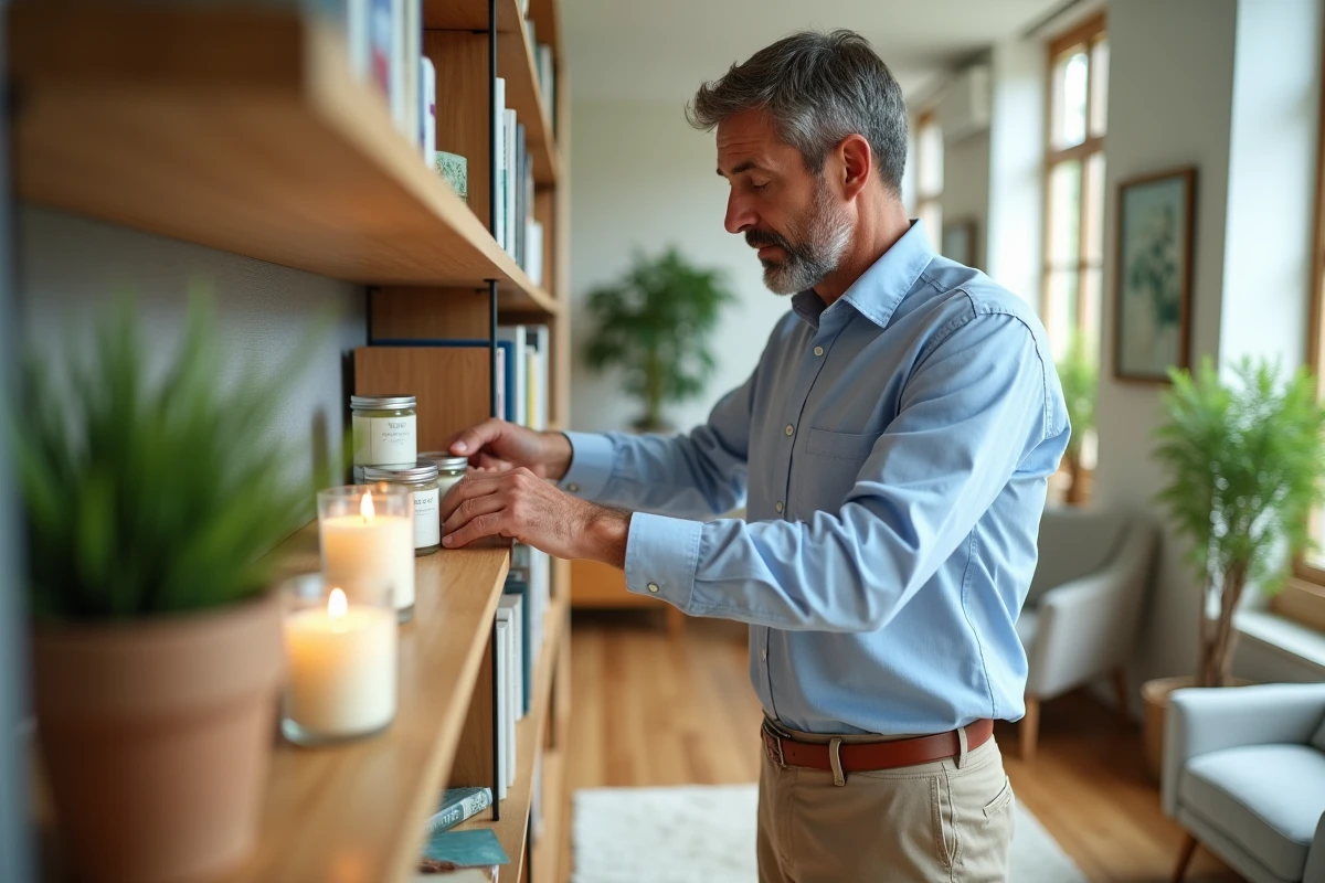 Homme arrangeant des bougies naturelles dans un salon lumineux