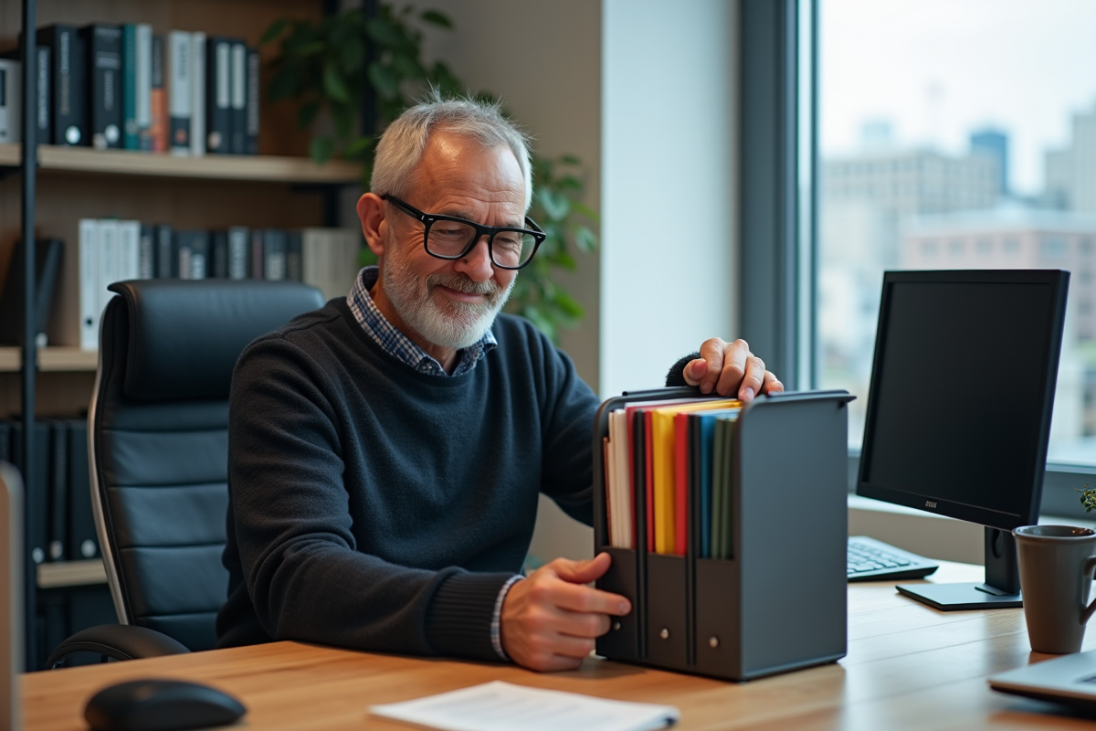 Homme en sweater organisant ses dossiers dans un bureau lumineux