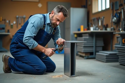 Homme en overalls serrant un tube en aluminium dans un atelier