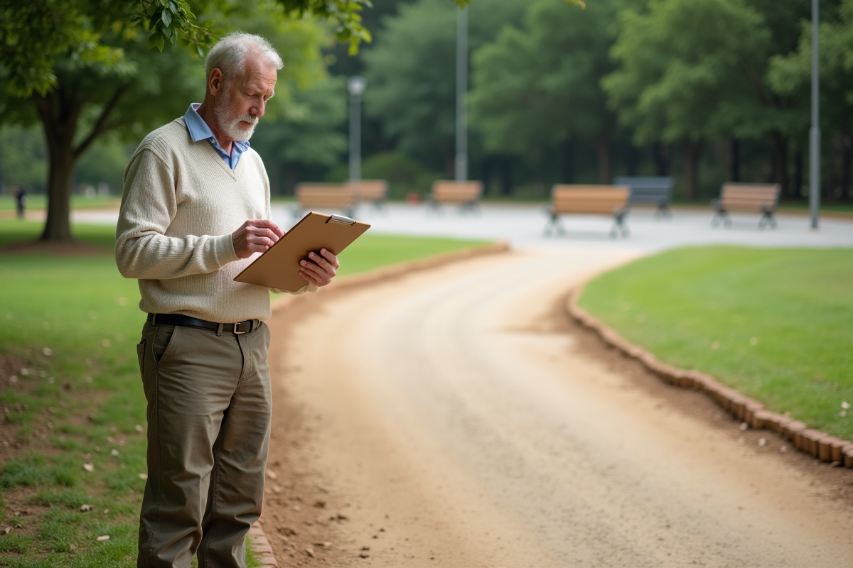 Homme âgé examinant un chemin en terre dans un parc public