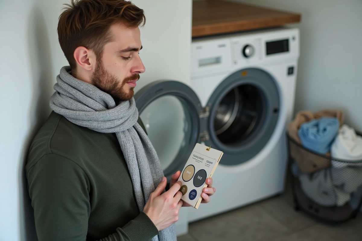 Homme vérifiant les pictogrammes de lavage laine devant un lave-linge moderne avec une écharpe en mérinos