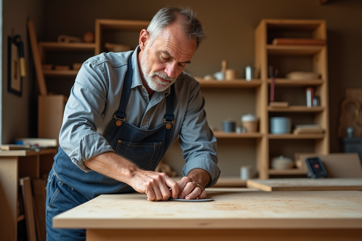 Homme d'âge moyen ponçant un bord de bois dans un atelier