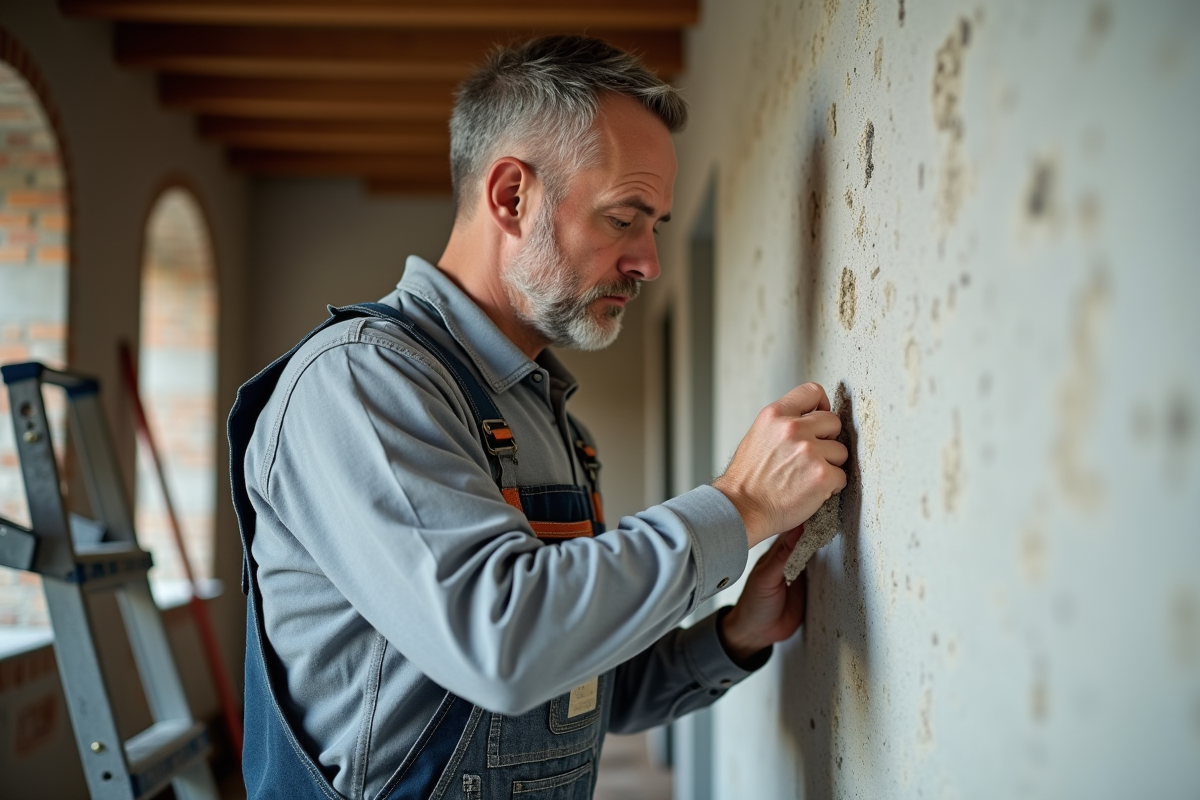Homme en overalls ponçant un mur en brique avec concentration