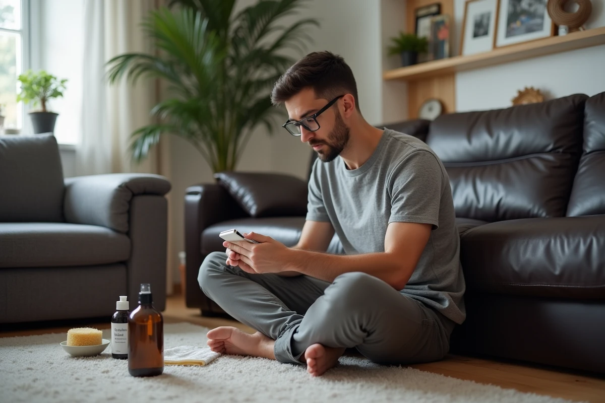 Homme lisant les instructions d'un produit nettoyant pour canapé en cuir foncé dans un salon familial moderne, entouré d'accessoires de nettoyage