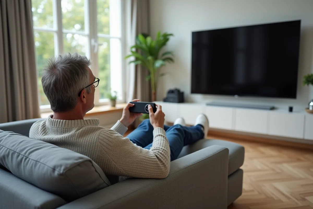 Homme d'âge moyen sur canapé regardant la TV