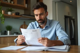 Homme regardant sa facture d'électricité dans une cuisine moderne