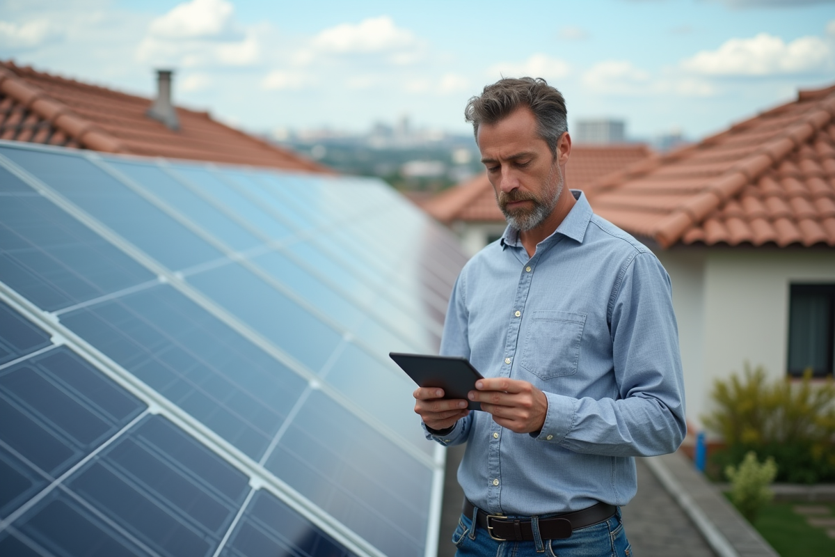 Homme d'âge moyen vérifiant une tablette près de panneaux solaires