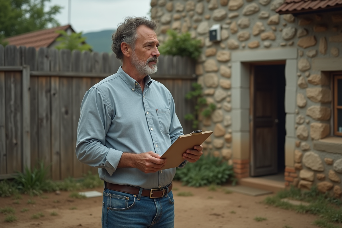 Homme d'âge moyen dans un jardin rural avec un clipboard