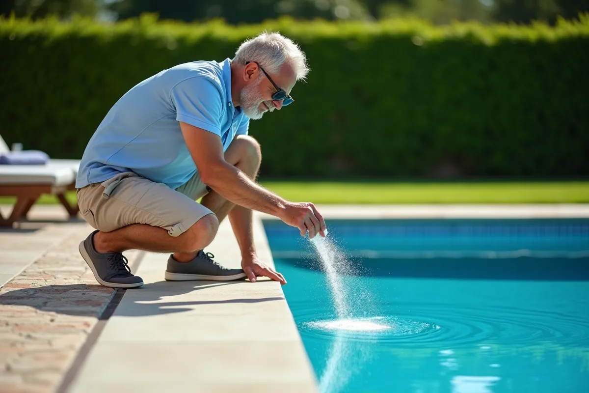 Homme d'âge moyen saupoudre du sel dans la piscine extérieure