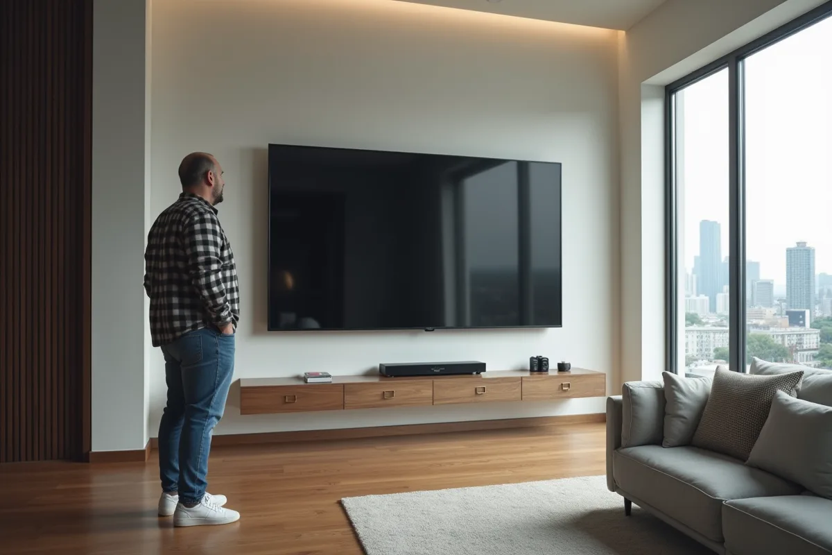 Homme d'âge moyen dans un salon moderne regardant une grande télévision