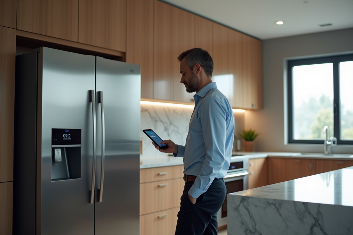 Homme vérifiant le réfrigérateur connecté dans la cuisine