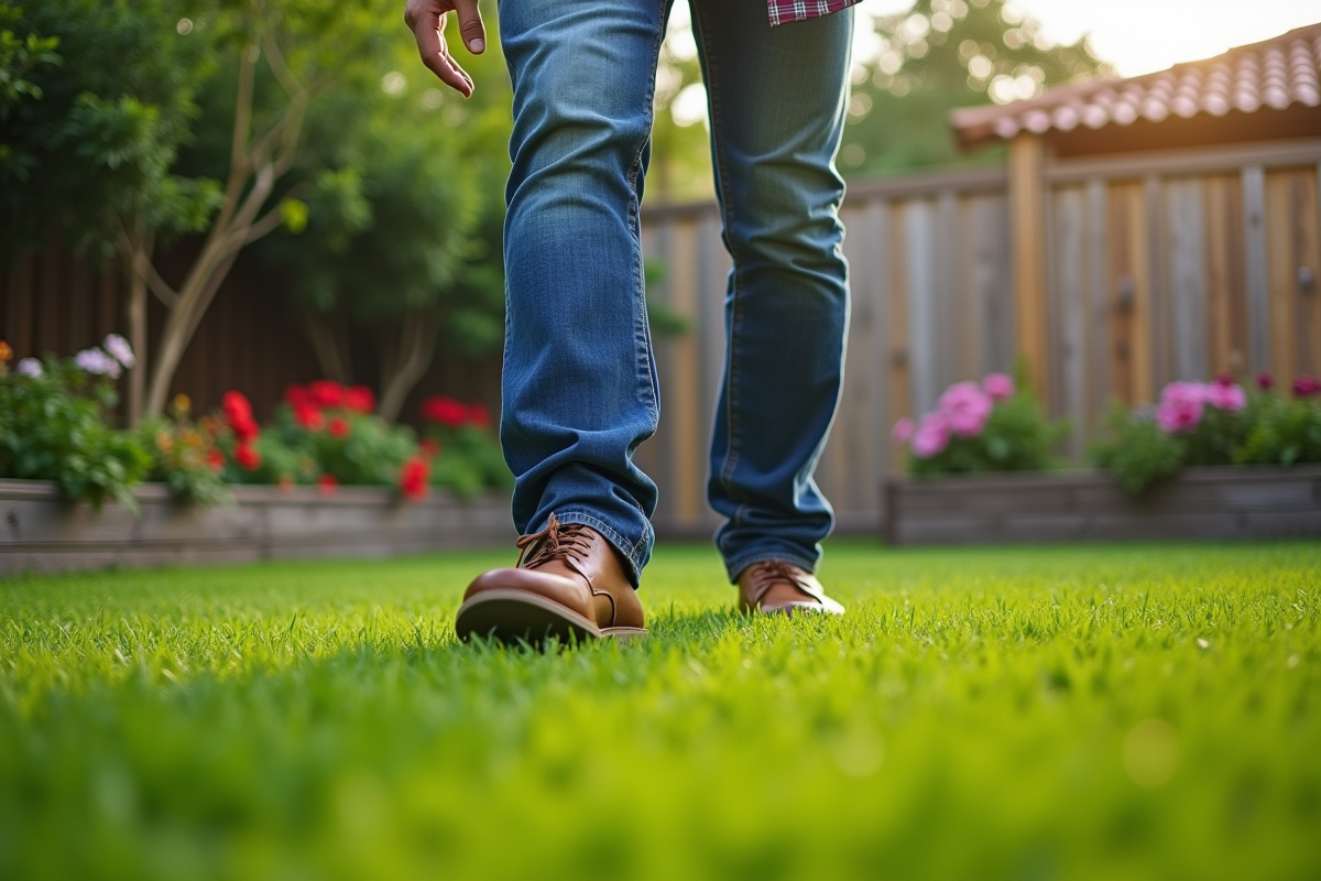 Homme souriant marchant sur une pelouse verte dans un jardin