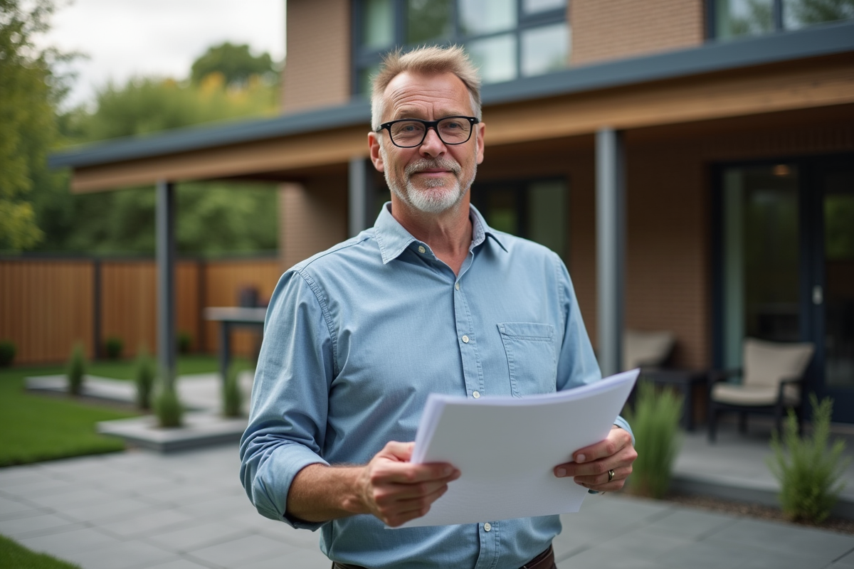 Homme d'âge moyen avec papiers devant une veranda moderne