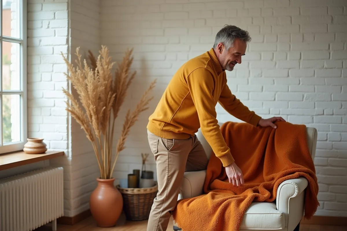 Homme arrangeant une couverture dans un sunroom lumineux