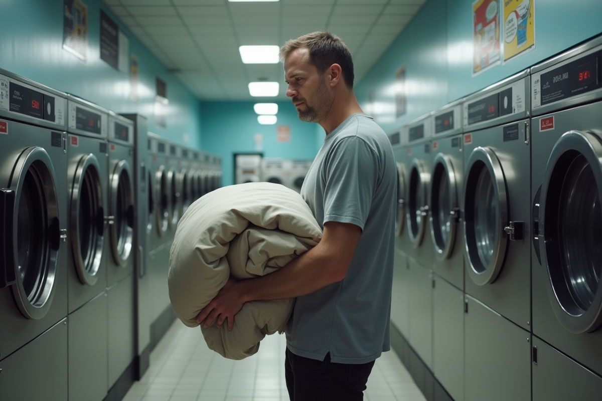 Homme vérifiant si un duvet peut entrer dans la machine à laver