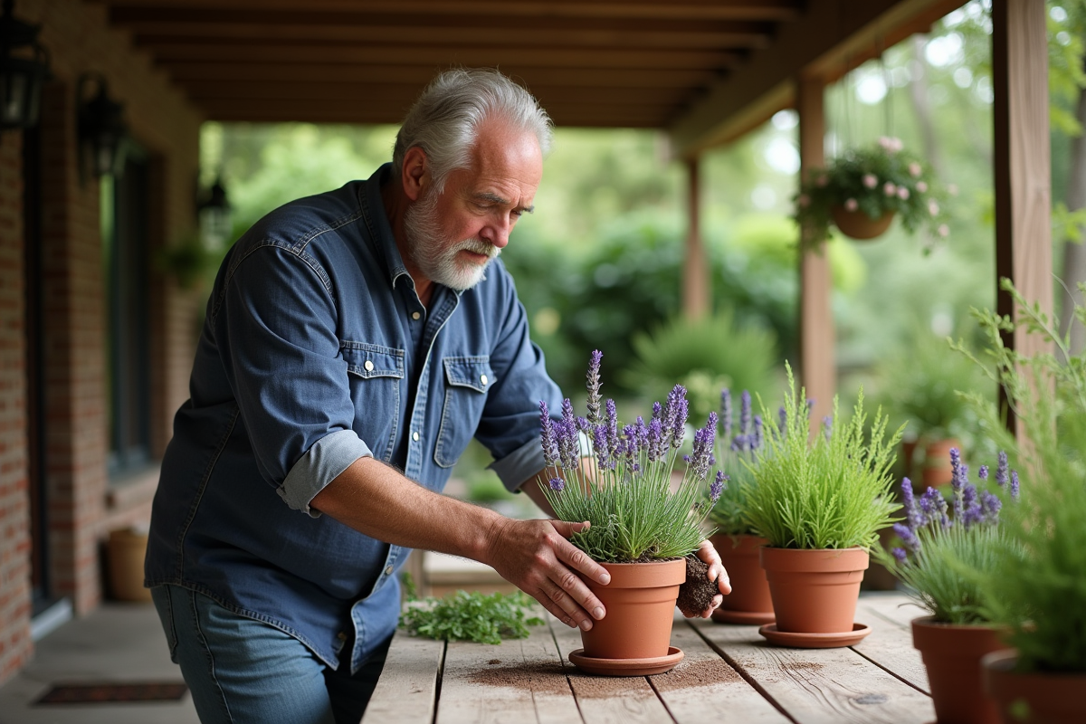 Homme examine une lavande avec café grounds sur la table