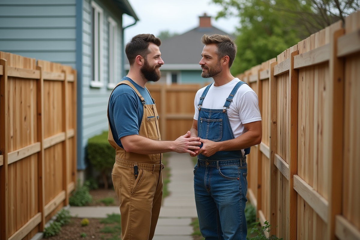 Deux hommes discutant devant une maison avec clôture neuve
