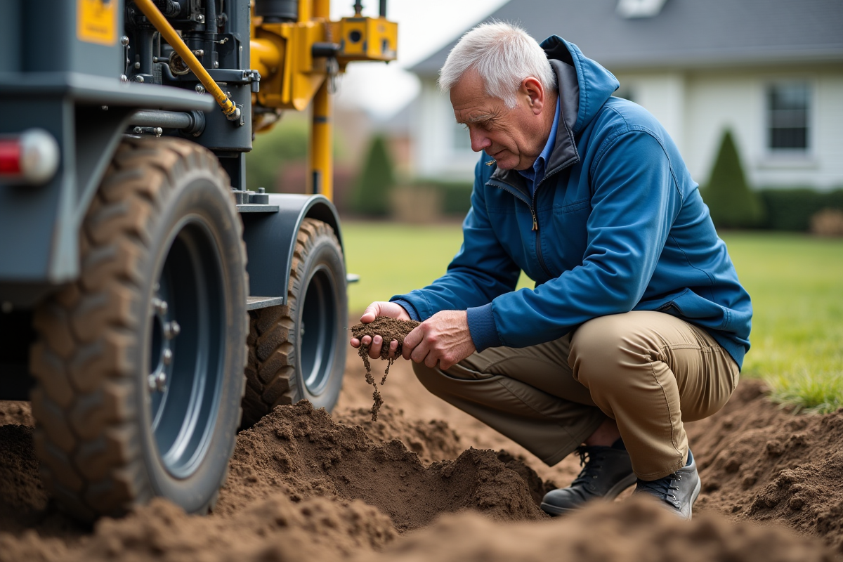 Ingénieur géotechnique étudiant un échantillon de sol sur un chantier résidentiel