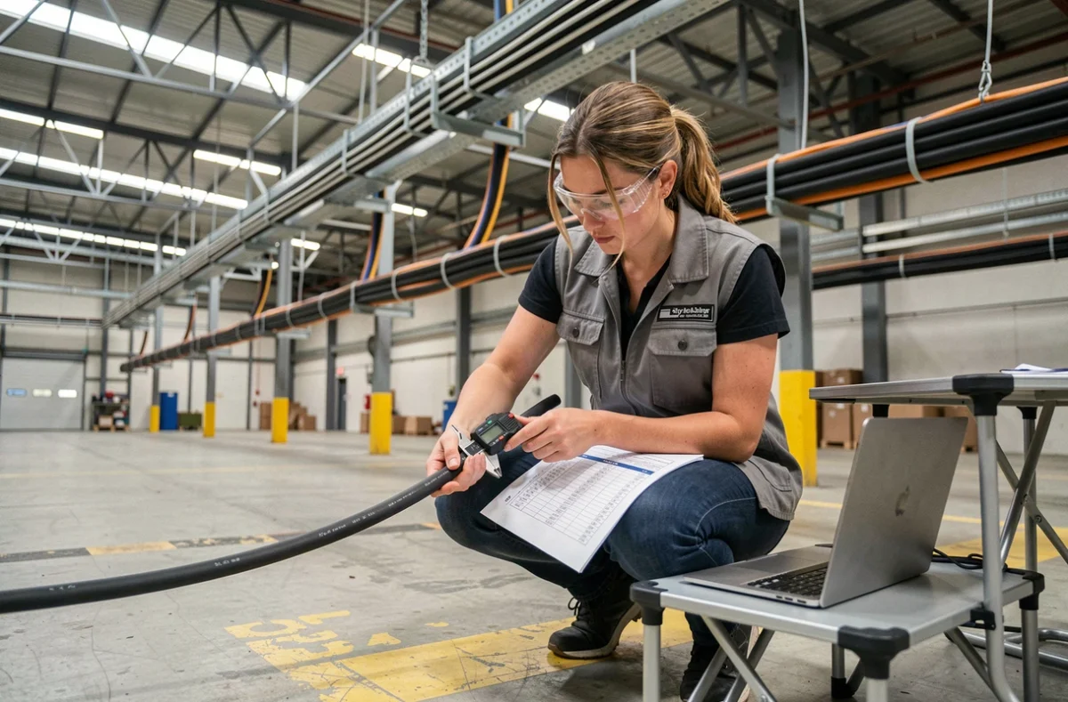 Ingénieure électricienne mesurant la section d'un câble avec un pied à coulisse dans un entrepôt industriel, illustrant le dimensionnement correct d'une ligne BAES