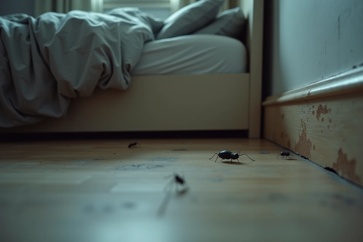 Insectes noirs dans un coin de chambre humide près de la plinthe