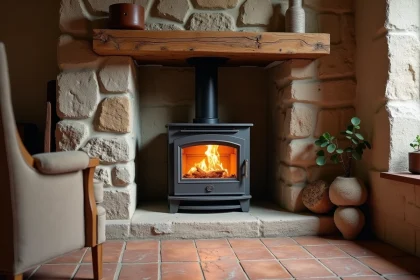 Insert à granulés installé dans une ancienne cheminée en pierre dans un salon rustique français