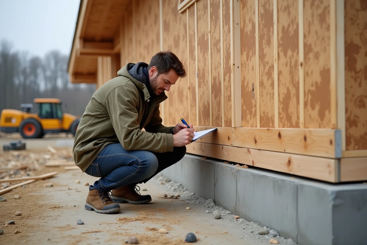 Inspecteur en bâtiment vérifiant la jonction fondation-plancher d'un chalet en bois préfabriqué sur chantier