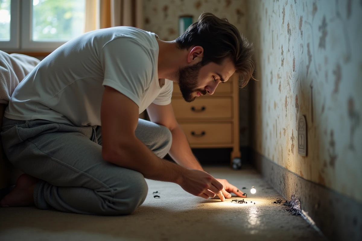 Personne inspectant des insectes noirs sur un mur humide dans une chambre