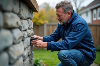 Homme en bleu installant un poussoir étanche sur un mur extérieur