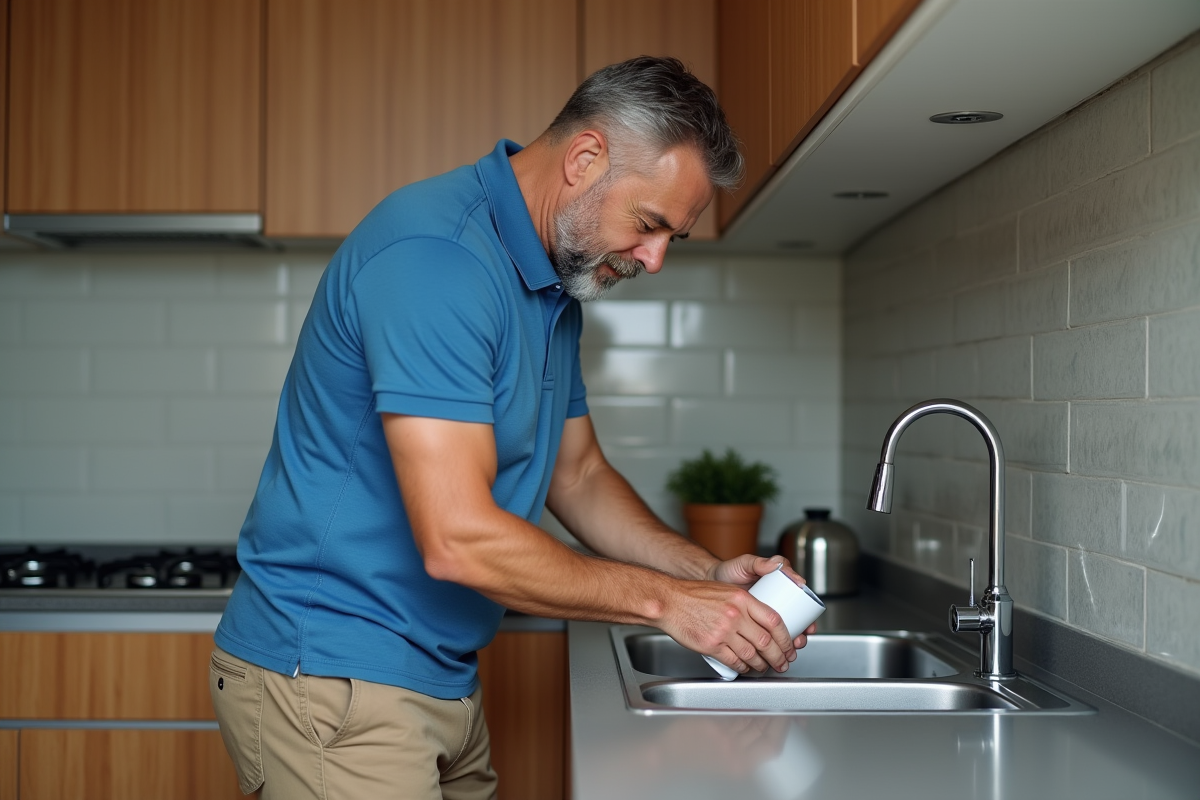 Homme moyenâgeux installe un filtre à eau sous l'évier
