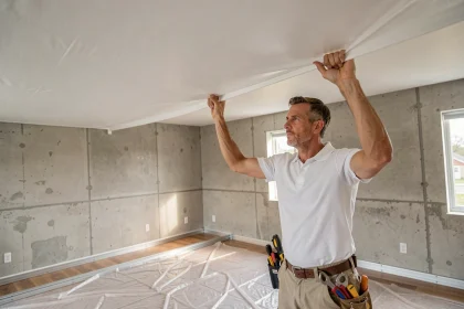 Installateur professionnel posant un plafond tendu blanc dans un salon en cours de rénovation