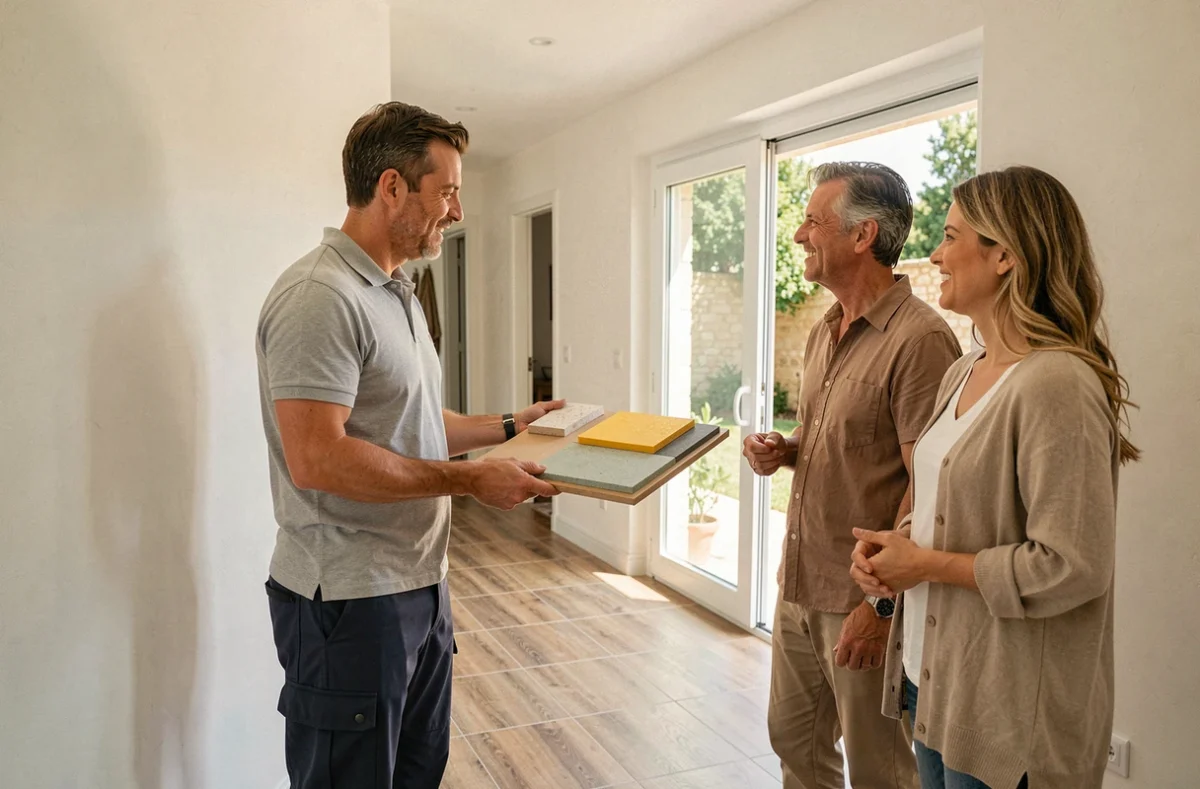 Consultant d'Iso Pro Méditerranée présentant des échantillons d'isolation thermique à un couple de propriétaires dans une maison provençale moderne