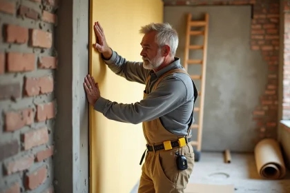 Artisan posant un panneau d'isolation thermique rigide sur un mur intérieur en brique lors d'une rénovation