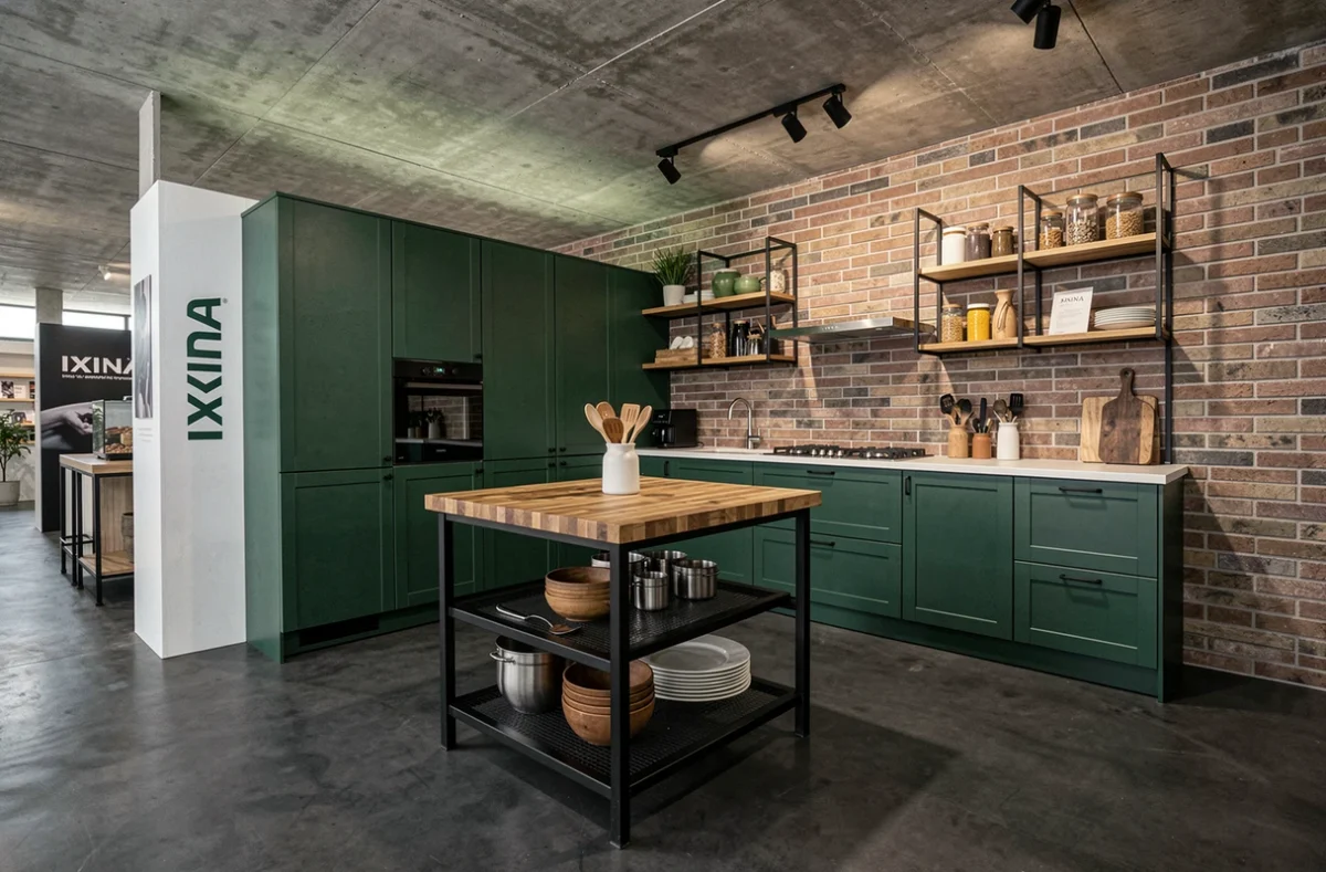 Cuisine Ixina vert forêt mat avec îlot industriel en métal noir et bois dans un showroom moderne de la Vienne