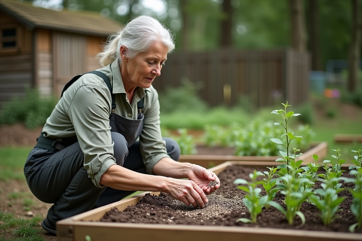 Femme jardinant avec pois en pleine croissance