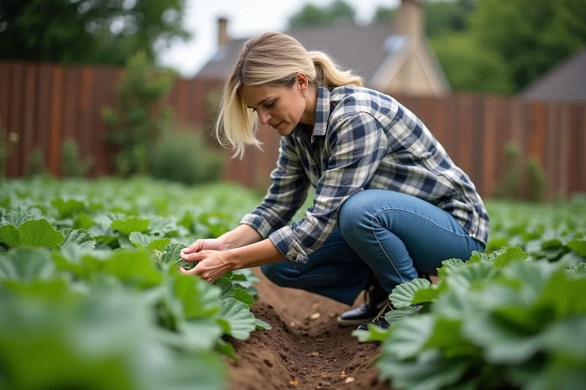 Femme d'âge moyen dans un jardin potager examine les feuilles