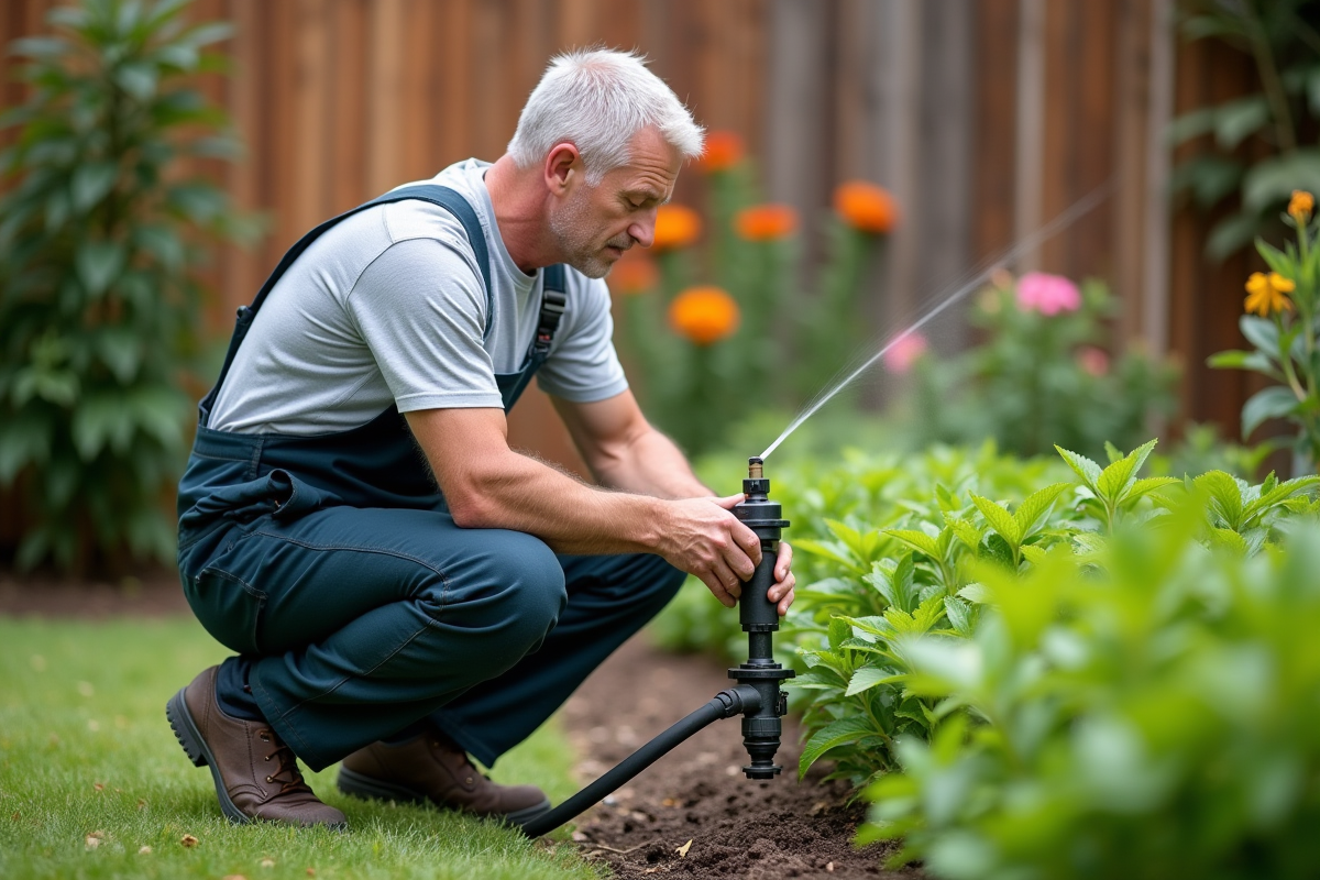 Homme en overalls ajustant une vanne d'irrigation dans un jardin