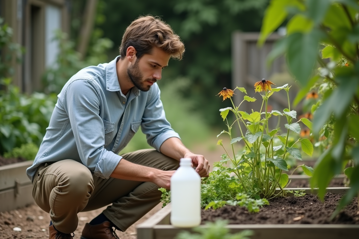 Jeune botaniste examinant des feuilles avec vinaigre dans un jardin