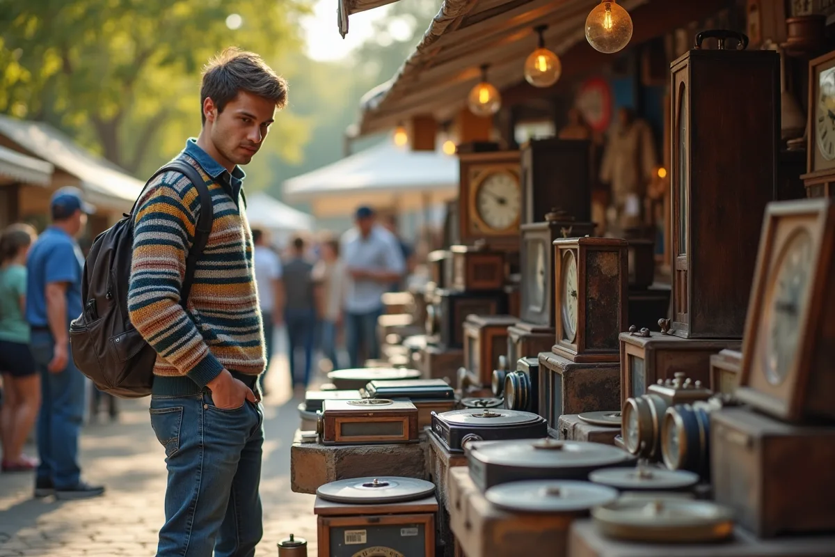 Jeune homme explore objets anciens au marché aux puces