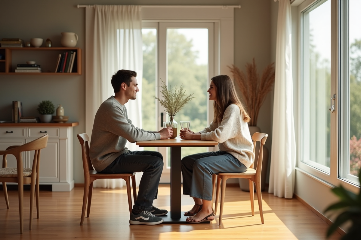 Jeune couple assis à une table dans un salon lumineux et cosy
